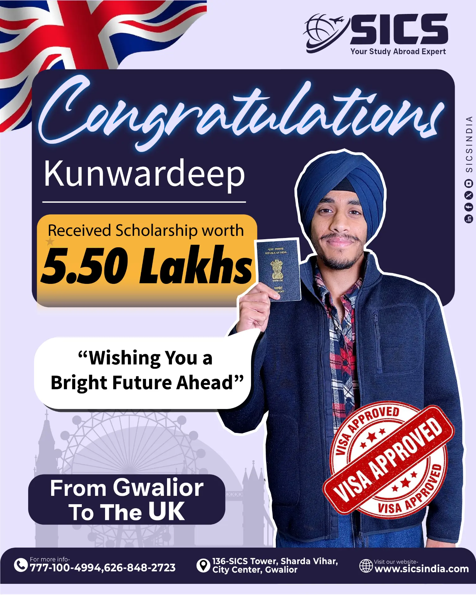 Kunwardeep — UK · ₹5.50L Scholarship